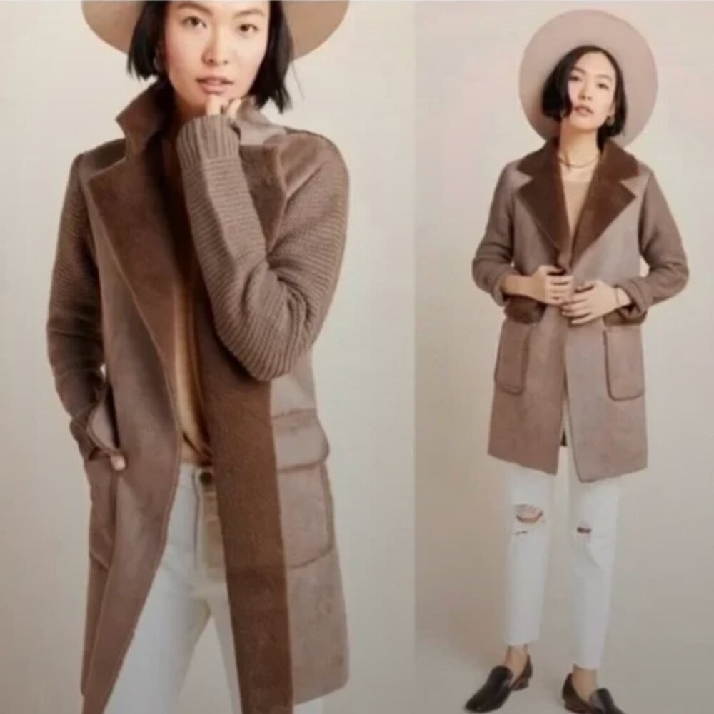 Anthropologie Brown Piper Open Front Faux Fur Trim Ribbed Sweater Coat - Size XS